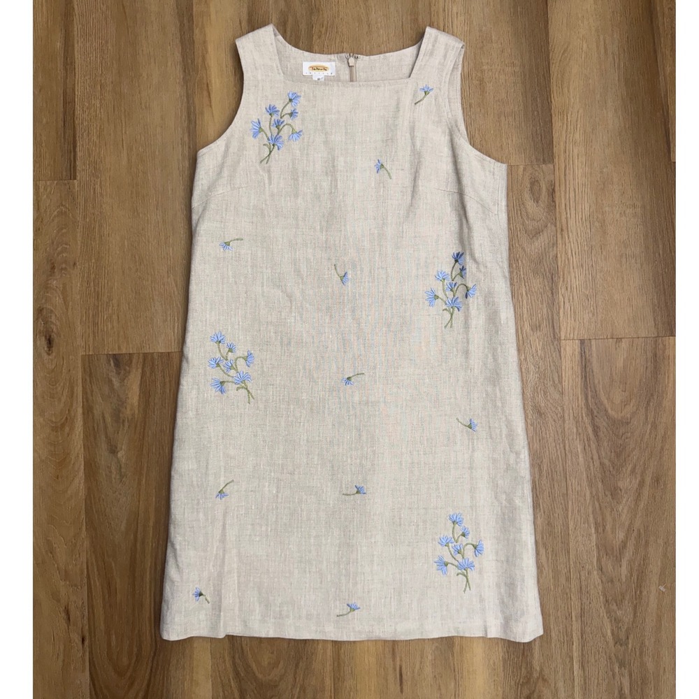 Talbots Vintage Linen Shift Dress 10P Blue Floral Embroidered coastal preppy